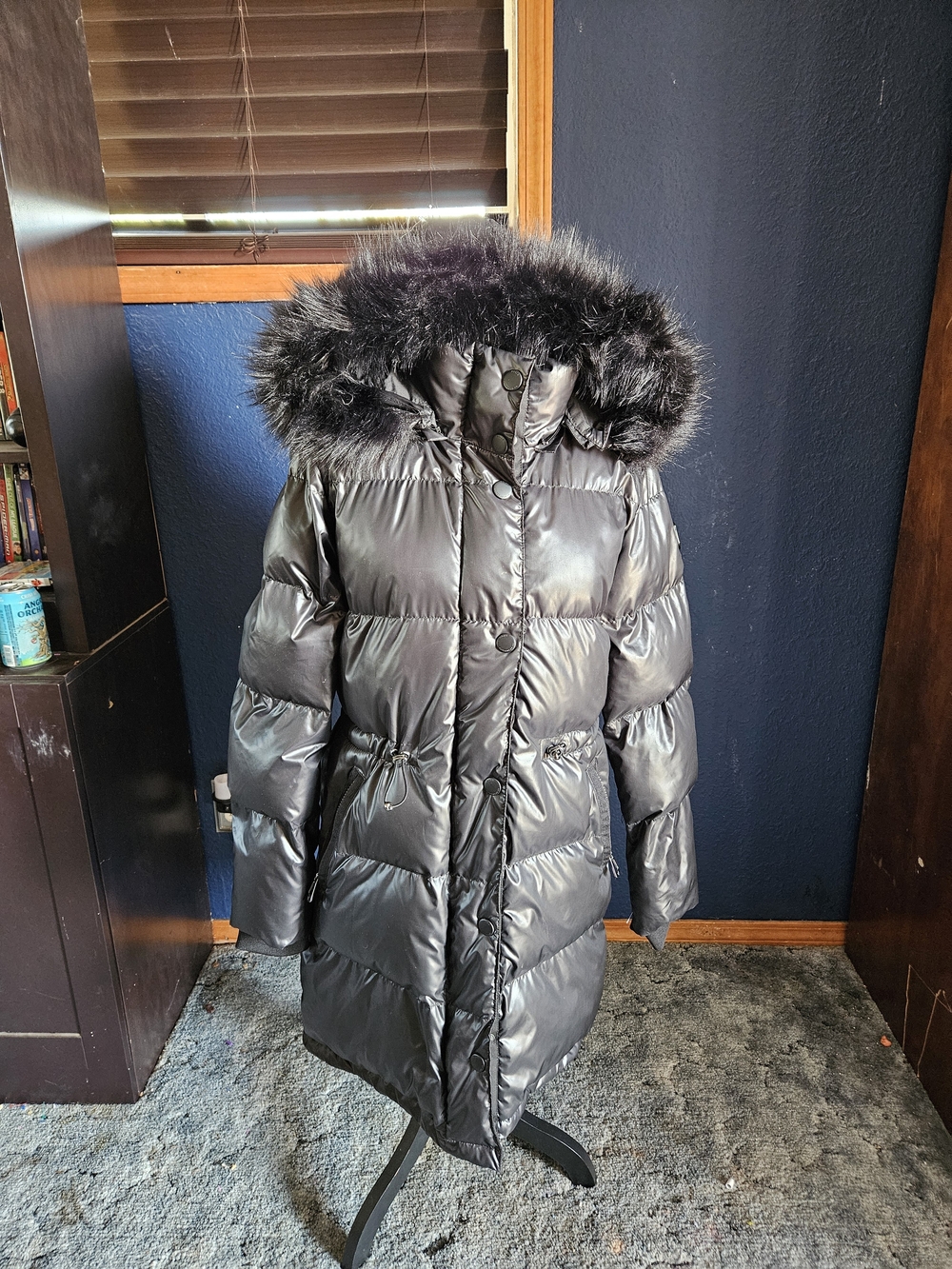 Noize Black Long Quilted Puffer Coat with Faux Fur Hood